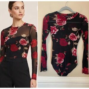 Material Girl Size S Black Red Rose Sheer Mesh Long Sleeve Bodysuit Whimsigoth
